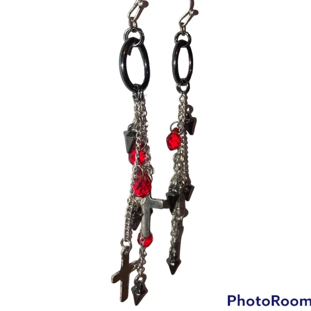 4” Dangling Earrings Chains Crosses Black Spikes & Blood Red Crystals Religion